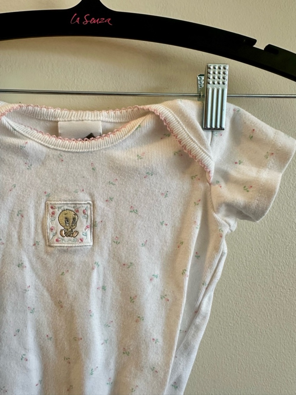 White Baby Onesie with Tweety Patch and Pink Accent